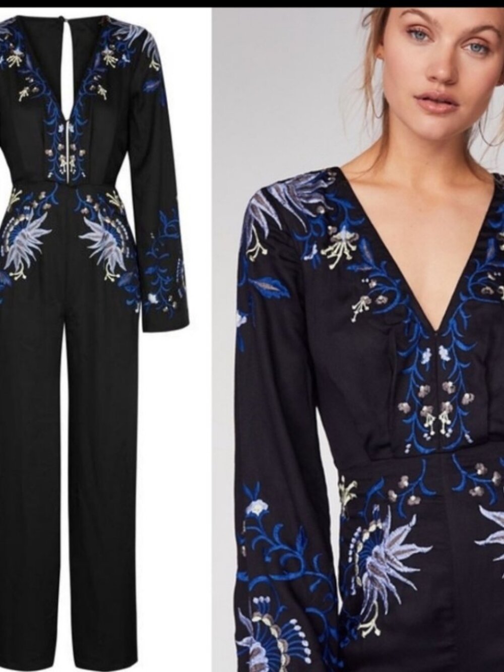 Free People Gypsy Rose Black Floral Embroidered Jumpsuit, Size S